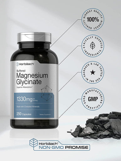 Buffered Magnesium Glycinate | 1330mg | 250 Capsules | with Chelated Minerals | Non-GMO, Gluten Free | by Horbaach