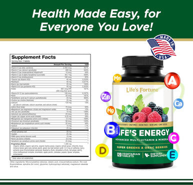 Life's Fortune Life's Energy Advanced Multi-Vitamin and Mineral for Men & Women Non-GMO - Super Greens - ORAC Berries - AntiOxidants - Enzymes - Iron Free - GMP Tested 120 Veggie Tablets