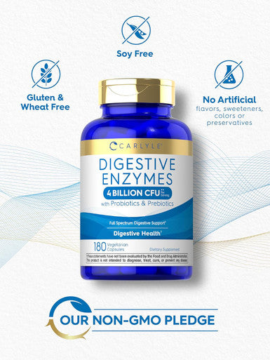 Carlyle Digestive Enzymes | with Probiotics & Prebiotics | 180 Capsules | Non-GMO and Gluten Supplement for Men & Women