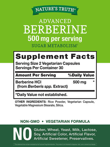 Nature's Truth Berberine 500mg | 60 Capsules | Vegetarian, Non-GMO, & Gluten Supplement