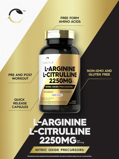 Carlyle L-Arginine L-Citrulline Complex | 2250mg | 240 Capsules | Nitric Oxide Precursors | Form | Non-GMO & Gluten