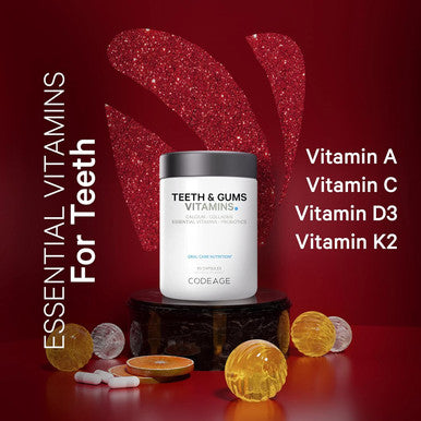 Codeage Teeth & Gums Vitamins + Oral Probiotics Supplement for Mouth - Whole Food Calcium Collagen Potassium Vitamin C D3 K2 Zinc - Oral Care & Dental Multivitamin Supplements - 90 Capsules