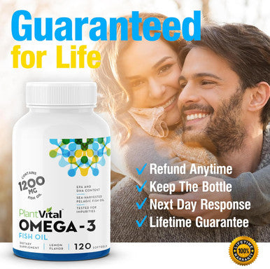 Plantvital Omega 3 Capsules- Pure Norwegian Omega 3 Fish Oil Supplements - Triple Strength- No Fish Flavor- Molecularly Distilled- Cognitive, Joint, Eye, Hair And Heart Health Support-120 Capsules