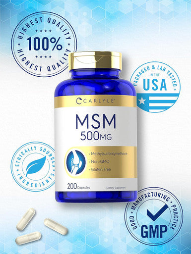 Carlyle MSM Supplement | 500mg | 200 Capsules | Non-GMO and Gluten Formula | Methylsulfonylmethane