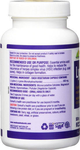WESTCOAST NATURALS Lysine Veggie Capsules, 500 mg, 90 Count