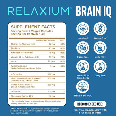 Relaxium BrainIQ Nootropic Brain Supplements for Memory and Focus | Memory Supplement for Brain Health | Cognitive Supplement & Memory Pill with Lion's Mane L-threonine & Coffee Extract | Vegan 60 Capsules