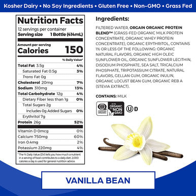 Orgain Organic 26g Grass Fed Whey Protein Shake Vanilla Bean Meal Replacement Ready to Drink Low Net Carbs No Sugar Added Gluten NonGMO 14 Fl Oz Pack of 12 Packaging May Vary