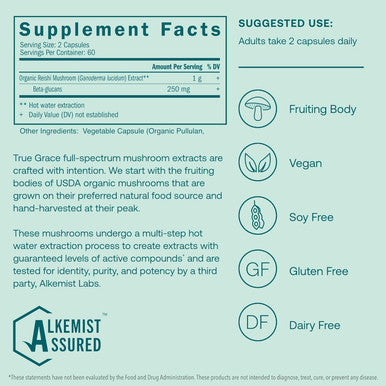 True Grace Mushroom Reishi Daily Balance & Longevity- 120 Count Capsules - Organic