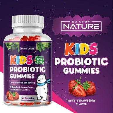 Built Nature Built By Nature Kids Probiotic Gummies - 6 Diverse Probiotic Strains - Digestive & Immune Support - Chewable Kid Probiotic Gummy Supplement - No Refrigeration Required - 60 Gummies