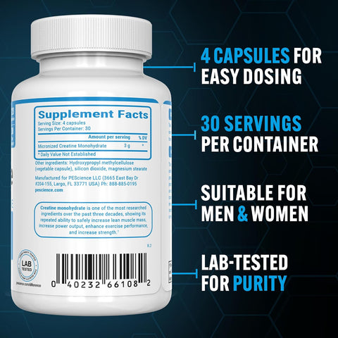 Pescience Trucreatine Creatine Pills Easy-To-Take Creapure Creatine Capsules Monohydrate For Men & Women Supports Muscle Growth Strength & Recovery Cognition 3G Per Serving 120 Capsules