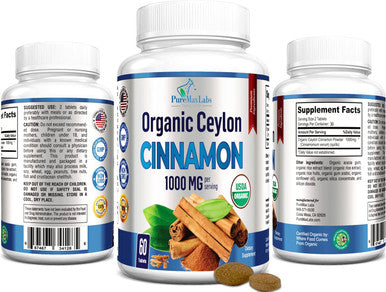 YUMMYVITE Organic Ceylon Cinnamon - 1000Mg Per Serving, Certified Organic True Cinnamon Supplement, Antioxidant, Fast Absorption - 60 Tablets