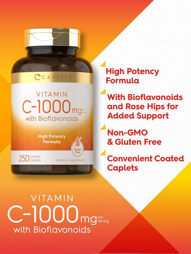 Carlyle Vitamin C 1000mg with Bioflavonoids | 250 Caplets | with Rose HIPS | Vegetarian Non-GMO Gluten