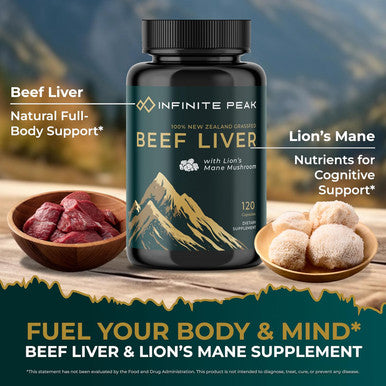 Grass Fed Beef Liver Capsules W/ Lions Mane For Energy, Focus & Memory Grassfed Beef Liver Supplement Supports Full Body Wellness Beef Organs Supplement For Men - Freeze Dried 30 Serving-120 Cnt