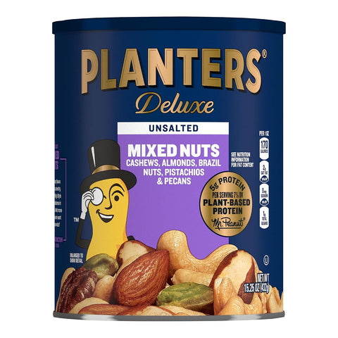 PLANTERS Deluxe Unsalted Mixed Nuts, Plant Based Protein, 15.25 Oz (1 Ct) | Mixed Nuts: Cashews, Almonds, Brazil Nuts, Pistachios, Pecans. Snacks for Adults. Resealable Canister. Party Snack