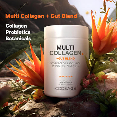 Codeage Multi Collagen + Gut Blend Supplement - Digestive Probiotics DGL Licorice Aloe Vera Organic Peppermint Leaf Slippery Elm - Hydrolyzed Bovine Collagen Pills - Non-GMO - 90 Capsules