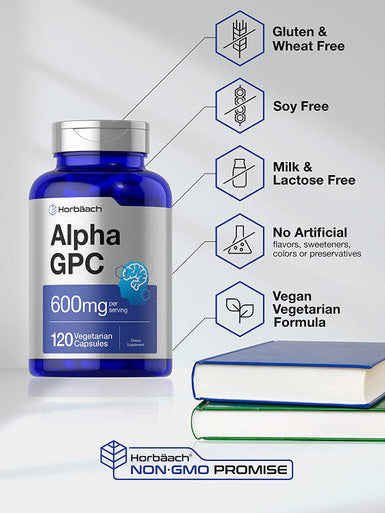 Alpha GPC 600mg | 120 Capsules | Vegetarian, Non-GMO & Gluten Free Choline Supplement | Supports Healthy Memory, Focus and Clarity | by Horbaach