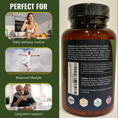 Luckycare Ashwagandha Capsules 600mg Extra Strength Root Extract with Black Pepper Vegan Non GMO Supplement Made in USA 120 Capsules