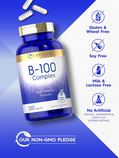 Carlyle B-100 Complex Vitamin | 250 Capsules | Non-GMO Gluten Supplement