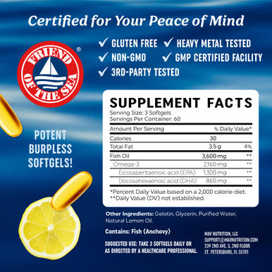 Triple Strength Omega 3 Fish Oil 3600 mg EPA & DHA Over 2100mg Omega-3 Fatty Acids 1300mg EPA + 860mg DHA Best Essential Fatty Acids Premium Wild Caught & Burpless Fish Oil 180 Ct