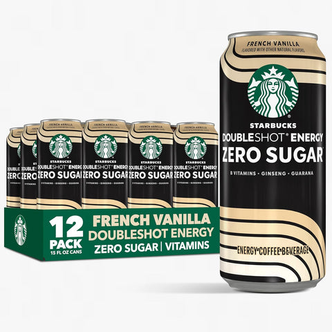 Starbucks Doubleshot Zero Sugar Coffee Energy Drink, French Vanilla, 15 fl oz Cans, (12 Pack), Zero Sugar, B Vitamins, Ginseng, Guarana, Iced Coffee Drink