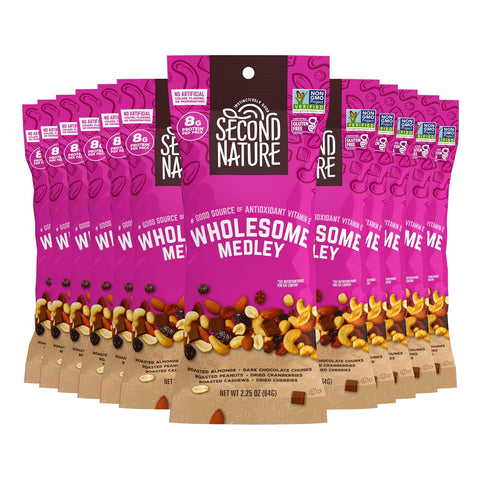 Second Nature Wholesome Medley Trail Mix - 12 Count, 2.25 oz Individual Snack Packs, Certified Gluten-Free Ã¢â‚¬â€œ Dark Chocolate, Dried Fruit and Nut Trail Mix, Ideal for Travel Snacks