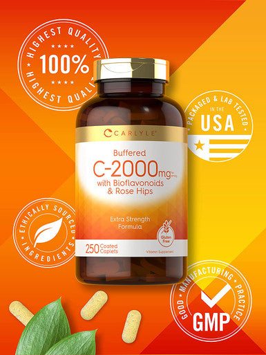 Carlyle Buffered Vitamin C | 2000mg | 250 Caplets | with Bioflavonoids and Rose Hips | Vegetarian, Non-GMO, and Gluten Free Supplement