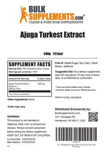 BulkSupplements Ajuga Turkest Extract Powder - Herbal Supplement Powder - Pure, - 500mg , 1000 Servings (500 Grams - 1.1 lbs)