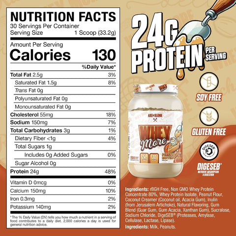 Axe & Sledge Whey More Premium Protein Blend 24G Protein Whey Concentrate & Isolate Prebiotic Fiber For Enhanced Absorption Creamy Delicious Versatile 30 Servings Peanut Butter Pie