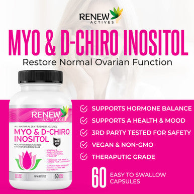 Renew Actives Myo-Inositol & D-Chiro Inositol - Supports Ovarian Function, Menstrual Cycle, Hormonal & Metabolic Conditions - 60 Capsules