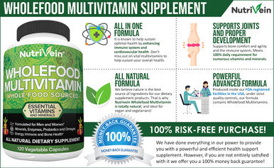 Nutrivein Food Multivitamin - Complete Daily Vitamins for Men and Women from Foods, Real Raw Veggies, s, Vitamin E, A, B Complex - 30 Day Supply (120 Capsules, Four Daily)