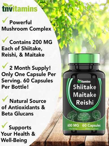 Reishi, Maitake, & Shiitake Mushroom Complex Supplement (60 Capsules x 600 MG) | Natural Beta Glucan Supplement | Powerful Mushroom Powder Extract | Non-GMO | Gluten, Nut, & Dairy-Free | by TNVitamins
