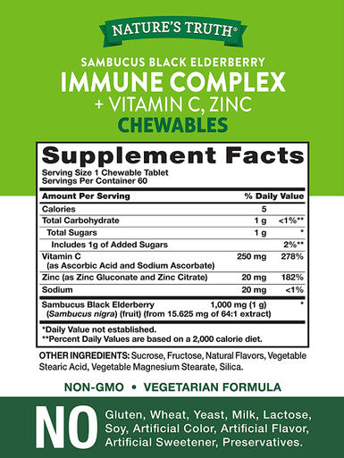 Elderberry Immune Support | 60 Chewable Tablets | with Vitamin C and Zinc | Non GMO and Gluten Complex | Mixed Berry Flavor | by Nature's Truth