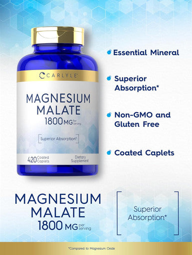 Carlyle Magnesium Malate 1800mg | 420 Coated Caplets | Vegetarian Non-GMO Gluten Supplement