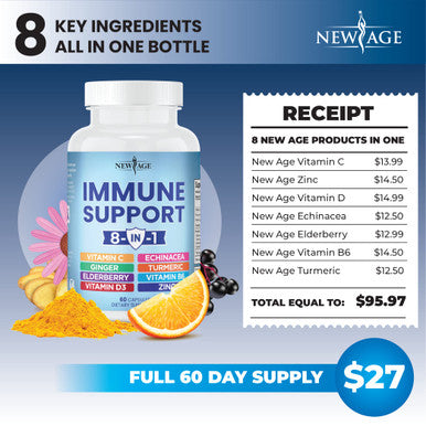8 in 1 Immune Support Booster Supplement with Elderberry, Vitamin C and Zinc 50mg, Vitamin D 5000 IU, Turmeric Curcumin & Ginger, B6, Echinacea 60 CT