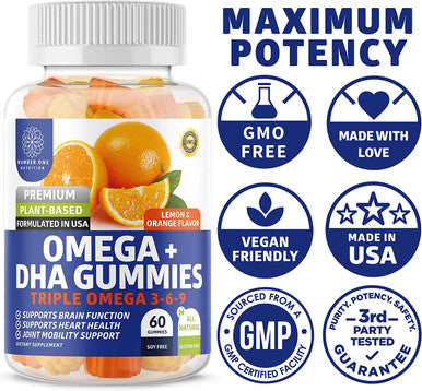 N1N Premium Omega 3 6 9 DHA Gummies Vegan Plant Based Natural Brain Immunity and Joint Health Support with Vitamin C 60 Gummies