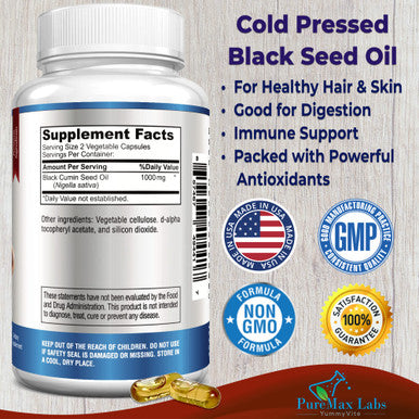 YUMMYVITE Cold Pressed Black Seed Oil - 120 Capsules, Premium Nigella Sativa Pure Black Cumin Seed Oil With Vitamin E, For Hair, Skin & Immune Health - Non-Gmo 120 Capsules