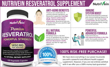 Nutrivein Resveratrol 1450mg - Antioxidant Supplement 120 Capsules Supports Healthy Aging and Promotes Immune, Brain Boost and Joint Support - Made with -Resveratrol, Green Tea Leaf, Acai Berry