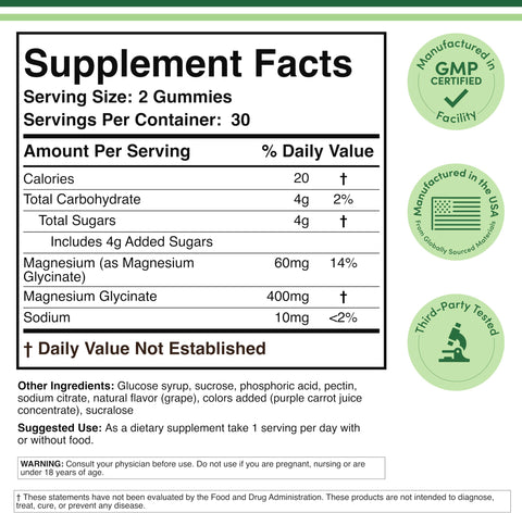 Magnesium Glycinate Gummies (400mg per Serving 30 Day Supply Grape Flavored) High Absorption Magnesium Supplement for Adults or Kids by Double Wood Supplements