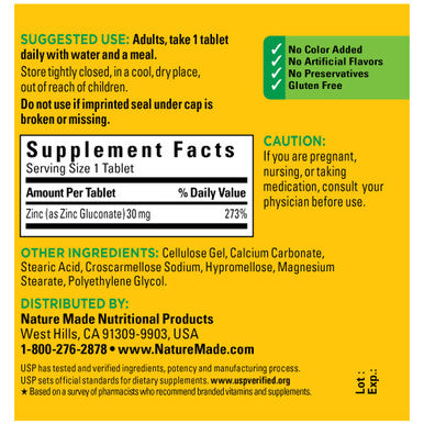 Nature Made Zinc 30 Mg Dietary Supplement 100 Tablets