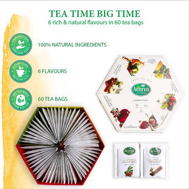 Acorus Summer Taste Tea Set | Perfect for Making Iced Tea | Natural Assorted Tea Hamper Box Set | Large Selection Box 60 Tea Bags | Tea Sets | 6 Fruit and Berry Tea Flavour Sampler