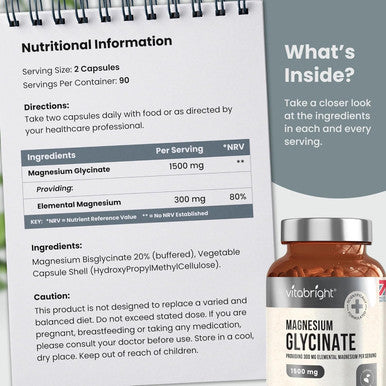 Vitabright Chelated Magnesium Glycinate 300mg Elemental Magnesium (1500mg Magnesium Bisglycinate) 180 Magnesium Capsules x2 Day High Strength Magnesium Supplements for Sleep VitaBright Pure Magnesium Glycinate