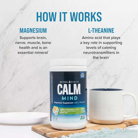 Natural Vitality Calm Mind Magnesium Citrate + LTheanine Powder Supports a Healthy Response to Stress Gluten and Vegetarian Honey Chamomile 12 oz.