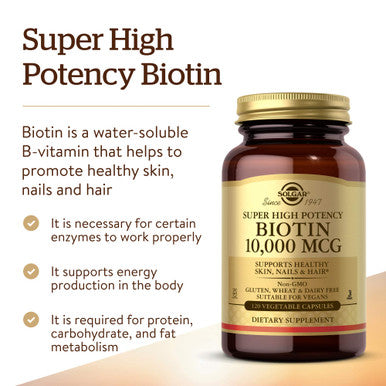 Solgar Biotin 10 000 Mcg 120 Vegetable Capsules - Energy Metabolism Promotes Healthy Skin Nails & Hair - Super High Potency - Non-Gmo Vegan Gluten Dairy Free Kosher - 120 Servings