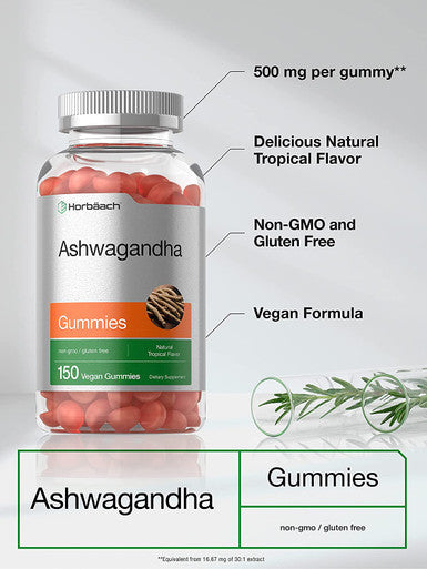 Ashwagandha Gummies for Women and Men | 150 Count | Vegan, Non-GMO, & Gluten Free Supplement | Natural Tropical Flavor | by Horbaach