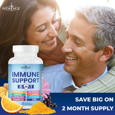 8 in 1 Immune Support Booster Supplement with Elderberry, Vitamin C and Zinc 50mg, Vitamin D 5000 IU, Turmeric Curcumin & Ginger, B6, Echinacea 60 CT