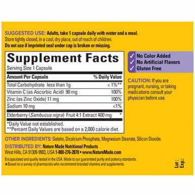 Nature Made Elderberry 400 Mg Extract With Vitamin C And Zinc Dietary Supplement For Immune Support 60 Capsules 60 Day Supply