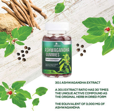 Ashwagandha Gummies - Relax, Calm, Unwind with Potent Mood & Stress Support Vitamins - Vegan Friendly, Non-GMO, Plant-Pectin Based - Delicious Raspberry Flavor Chews for Women & Men - 60 Gummies
