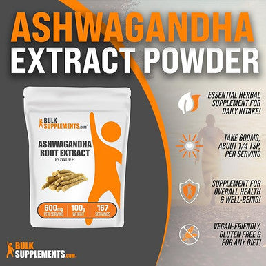 BULKSUPPLEMENTS.COM Ashwagandha Root Extract Powder 600mg per Serving, 100g (3.5 oz)