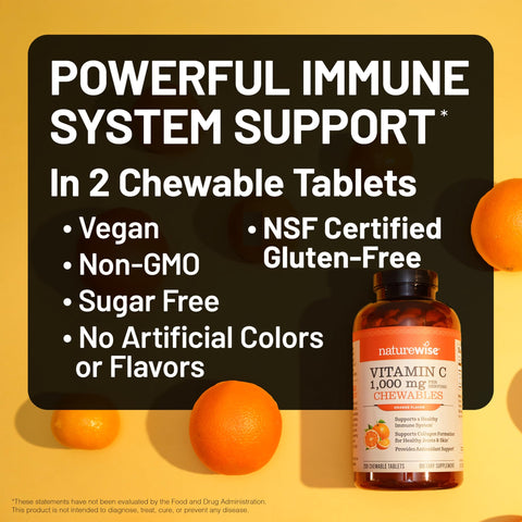 NatureWise Extra Strength Vitamin C Chewable 1000mg for Adults Natural Orange Flavor Immune System and Antioxidant Support NonGMO Vegan and Sugar Free 90 Chewable Tablets[45Day Supply]
