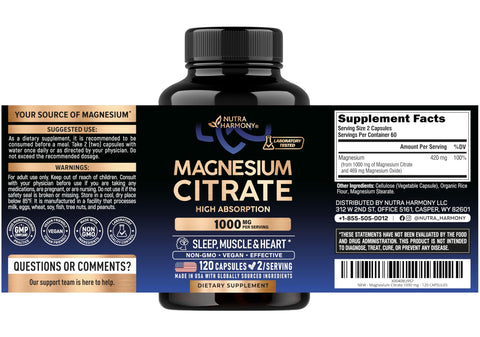 Nutraharmony Magnesium Citrate Capsules 1000Mg High Absorption Supplement - Sleep Muscle & Heart Support - Vegan Non-Gmo - Made In Usa - As Powder Pills Tablets - 120 Capsules 2 Month Supply